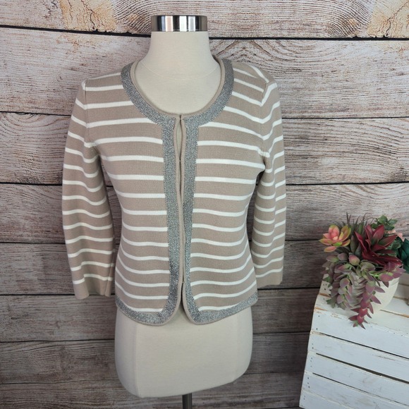 Banana Republic Sweaters - Banana Republic Petite M Tan White Striped Cardigan Metallic Trim 3/4 Sleeve